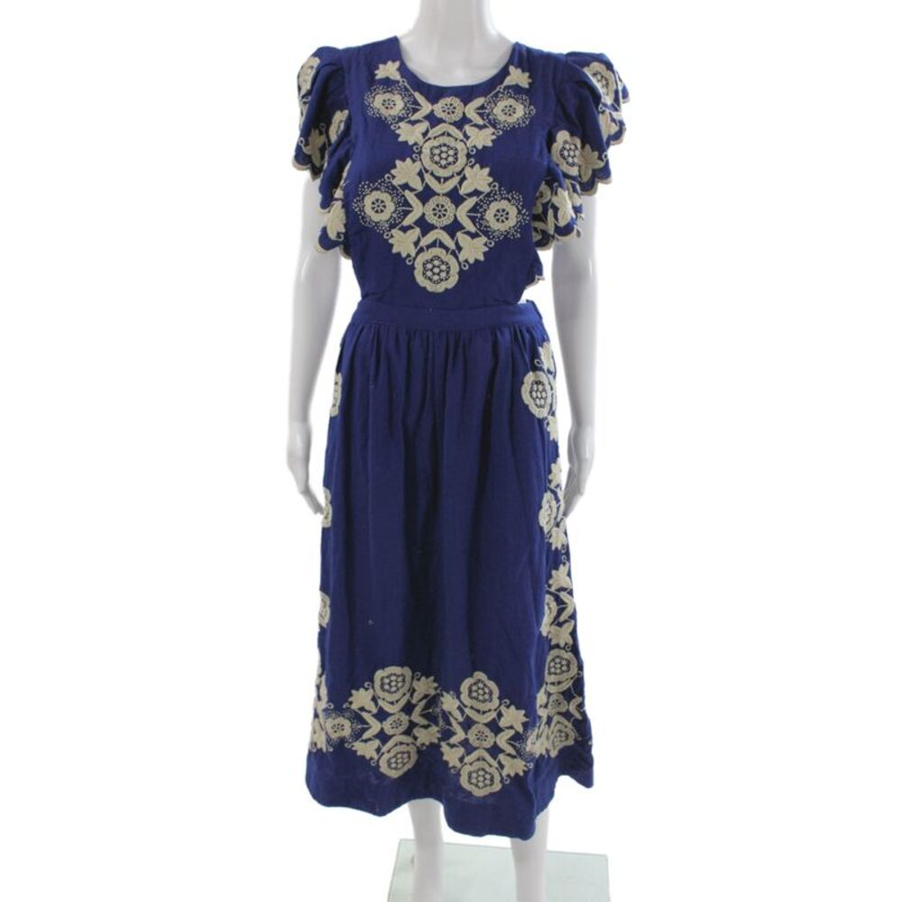 Sea Womens Sundress Dark Blue Floral Tie Neck Short Sleeve Size L
